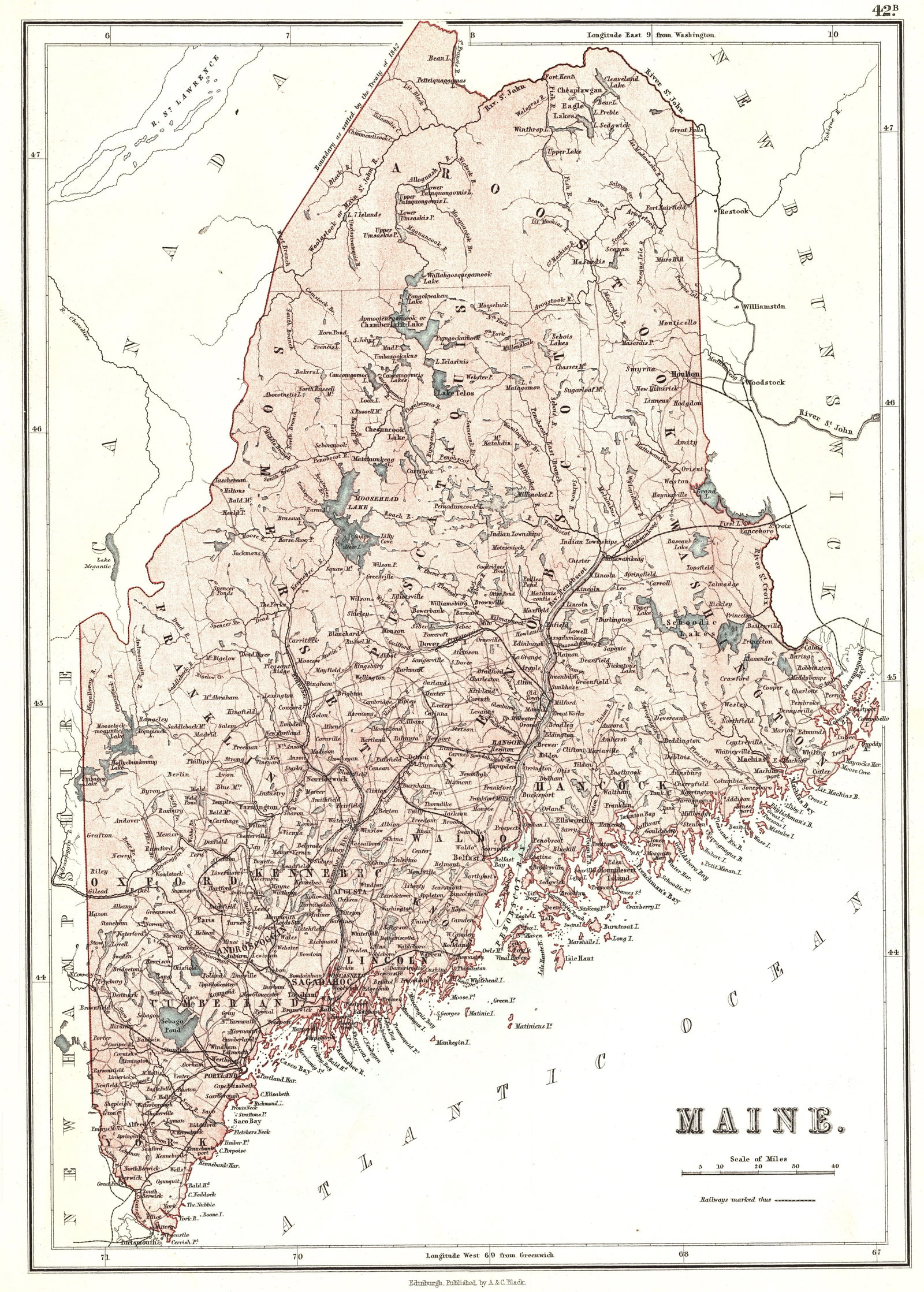 Maine.: Publication Date:1879Title:Maine.,li>Cartographer:BARTHOLOMEW, J.Publisher:A. & C. BlackBrief Description:Dry.Height:15.25Width:10.8 Reserve: $25.00 Shipping:Domestic: Flat-rate of $18.00