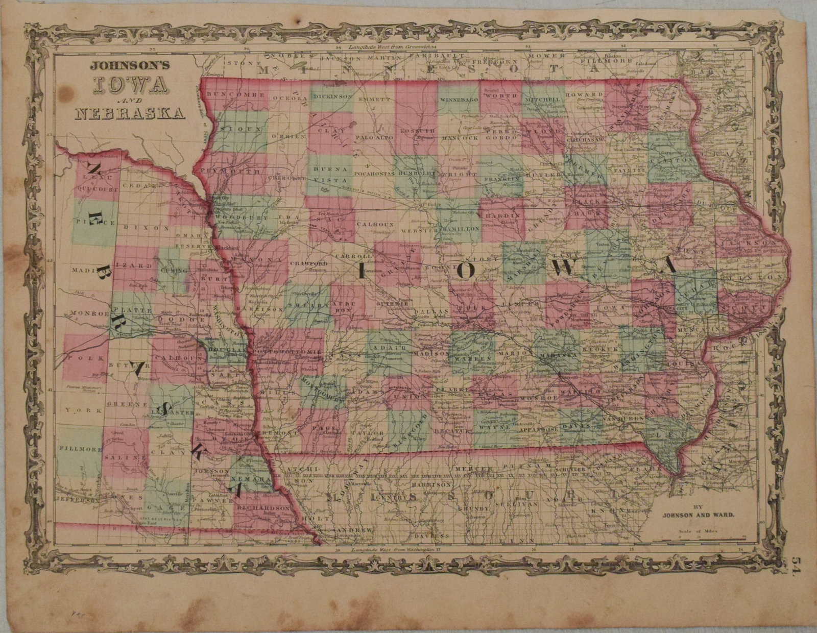1863 Johnson Map of Iowa and Eastern Nebraska -- Johnson's Iowa and Nebraska: Title: 1863 Johnson Map of Iowa and Eastern Nebraska -- Johnson's Iowa and Nebraska Cartographer:Johnson and Ward Year/Place: 1863, New York Map Dimension (in.):12.2 X 17 in. Description:This is an ex