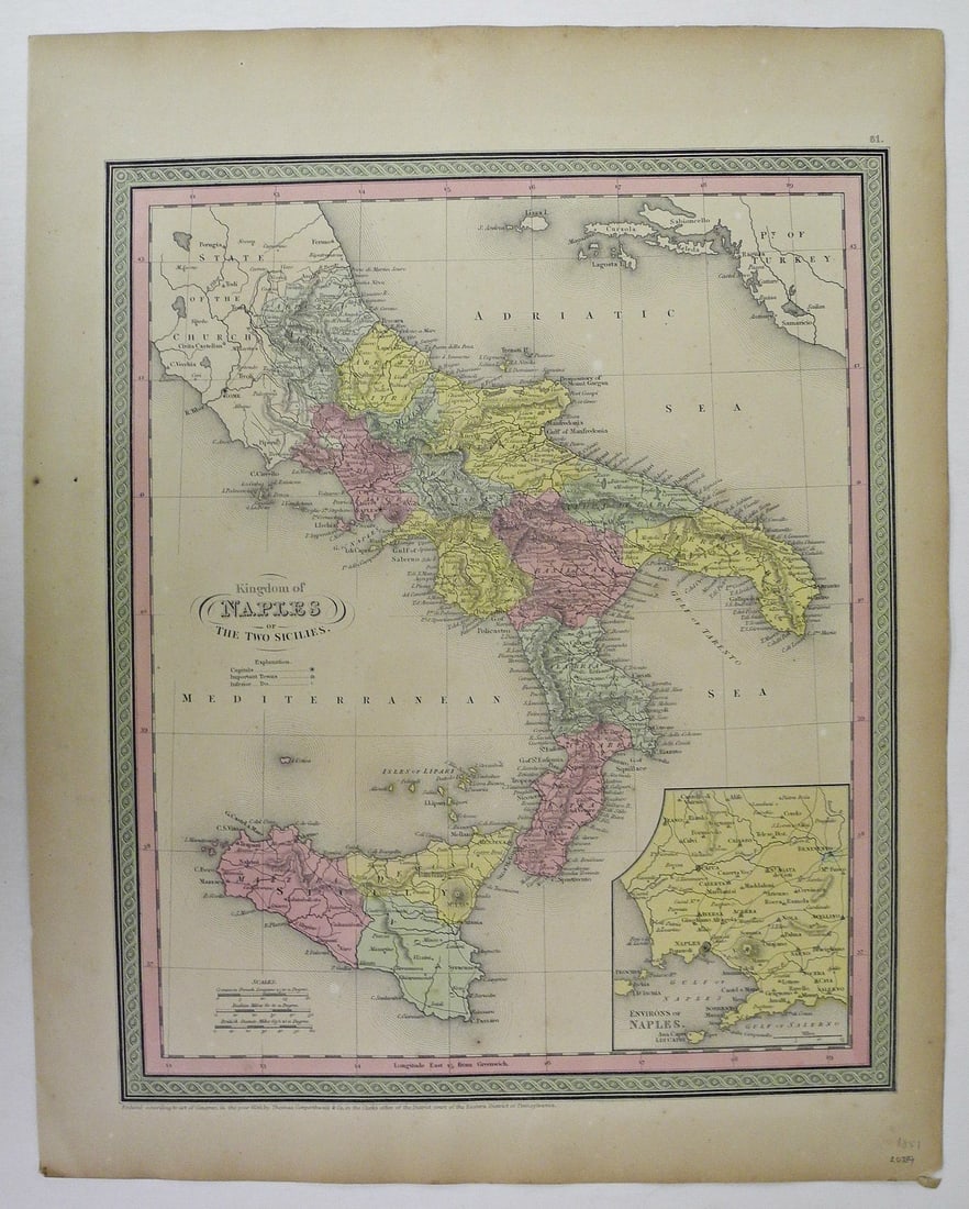Kingdom of Naples Or the Two Sicilies.: Publication Date:1851 Title:Kingdom of Naples Or the Two Sicilies.,li>Cartographer:MITCHELL, SAMUEL AUGUSTUS Publisher:THOMAS, COWPERTHWAIT & CO. Brief Description:Large inset of the environs of Naple