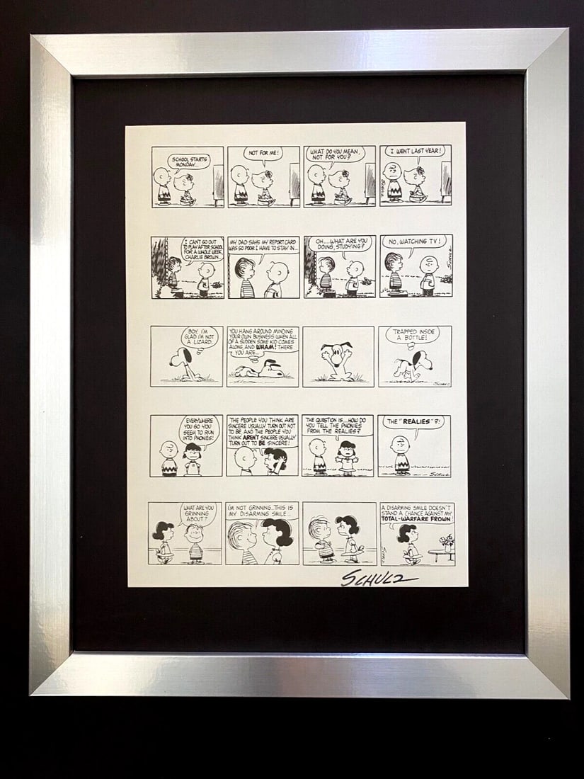 Charles Schulz Snoopy Peanuts 1968 Signed Vintage Print New Frame: WE HAVE FOR SALE TODAY THIS BEAUTIFUL VINTAGE 1968 OFFSET LITHOGRAPH AFTER CHARLES M. SCHULTZ " PEANUTS CARTOON " FACSIMILE SIGNED IN INK ART PRINT IS ABOUT 11.2 X 8.4IN THIS ART PRINT IS MOUNTED ON