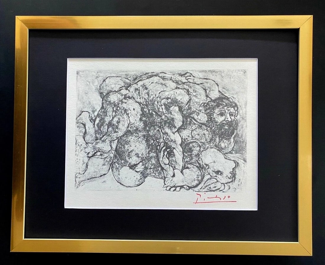 PABLO PICASSO +1955 SIGNED SUPERB PRINT MATTED 11 X 14 + LIST $895!: This is a Beautiful and Scarce Original 1955 Print by PABLO PICASSO FACSIMILE INK SIGNED from His Etchings and Lithographs Collection Professionally Double Matted to be Framed at Home on your