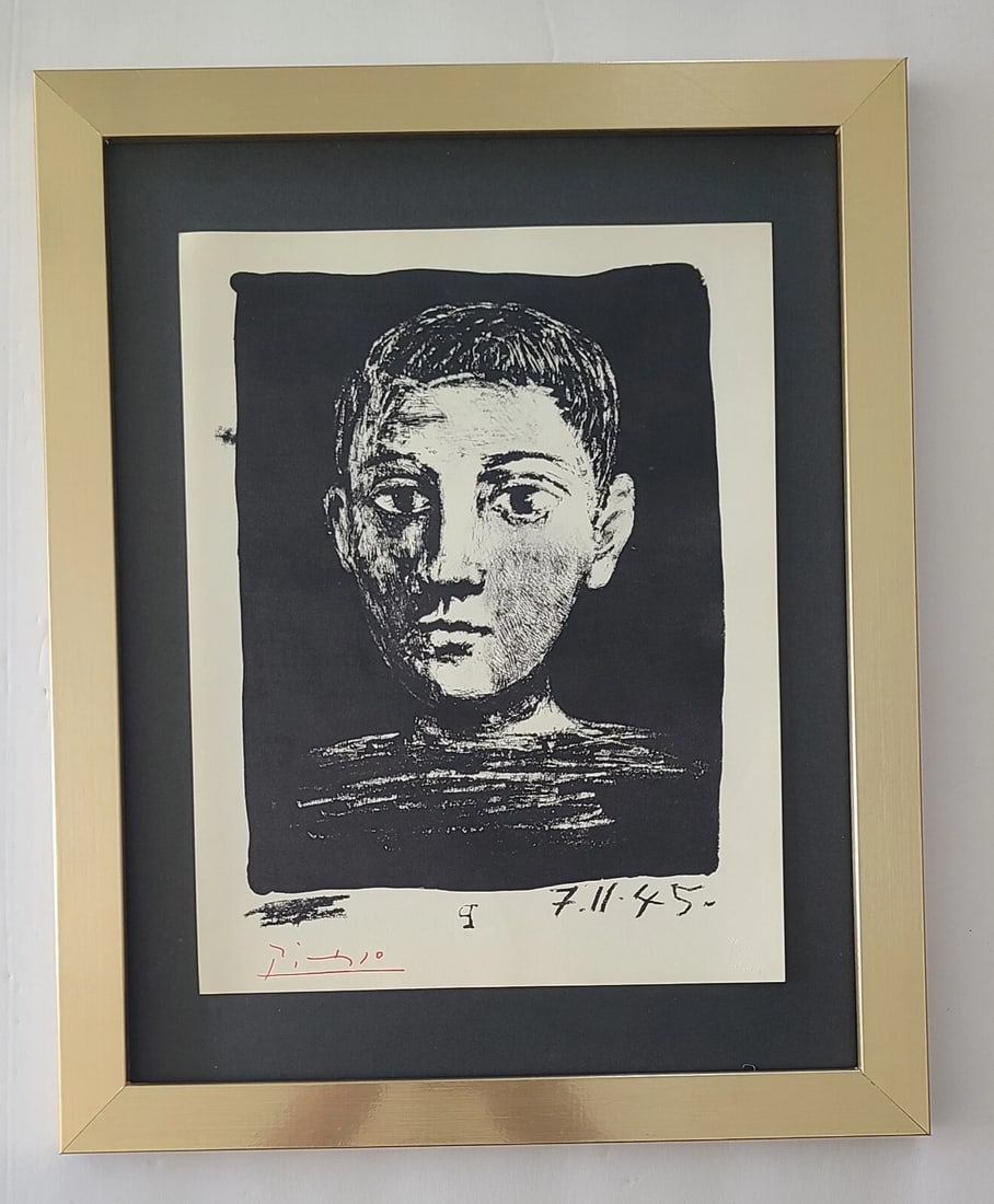 PABLO PICASSO + 1955 SIGNED SUPERB PRINT MOUNTED AND FRAMED + RETAIL $595: This is a Beautiful and Scarce 1955 Print after PABLO PICASSO FACSIMILE INK RED SIGNED from His Etchings and Lithographs Collection Mounted and Framed in a New 11x14 in. This is a 1955 Print in
