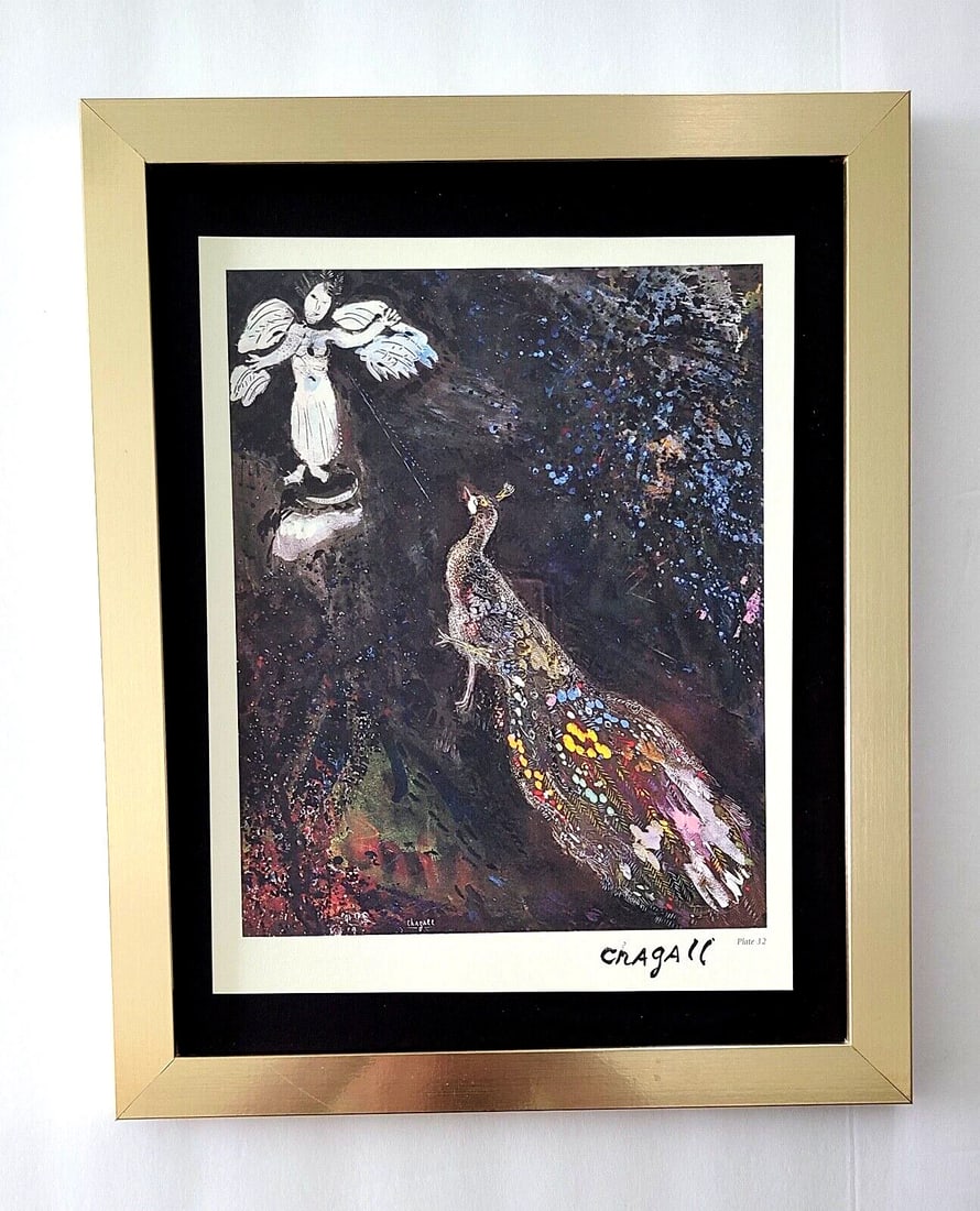 MARC CHAGALL + 1975 BEAUTIFUL SIGNED PRINT MOUNTED AND FRAMED: This is a Beautiful and Scarce 1975 Print after MARC CHAGALL FACSIMILE INK SIGNED From his Lithographs Collection Mounted and Framed in a 14x11 New Golden Frame. Printed in Italy in 1975 after the Ico