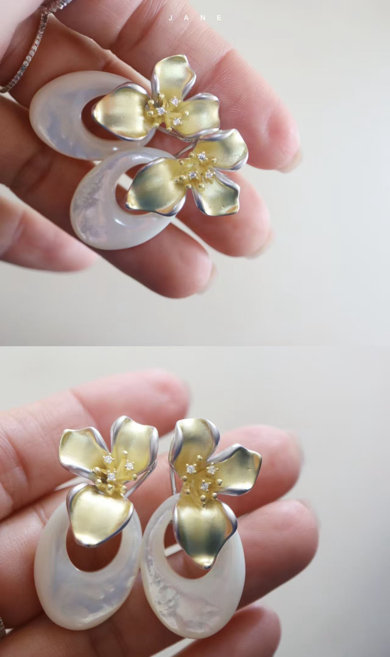 Mother of Pearl Flower Earrings: Title: Mother of Pearl Flower Earrings Description: This exquisite pair of Mother of Pearl Flower Earrings captures the essence of simplicity and elegance. The design is both minimalist and