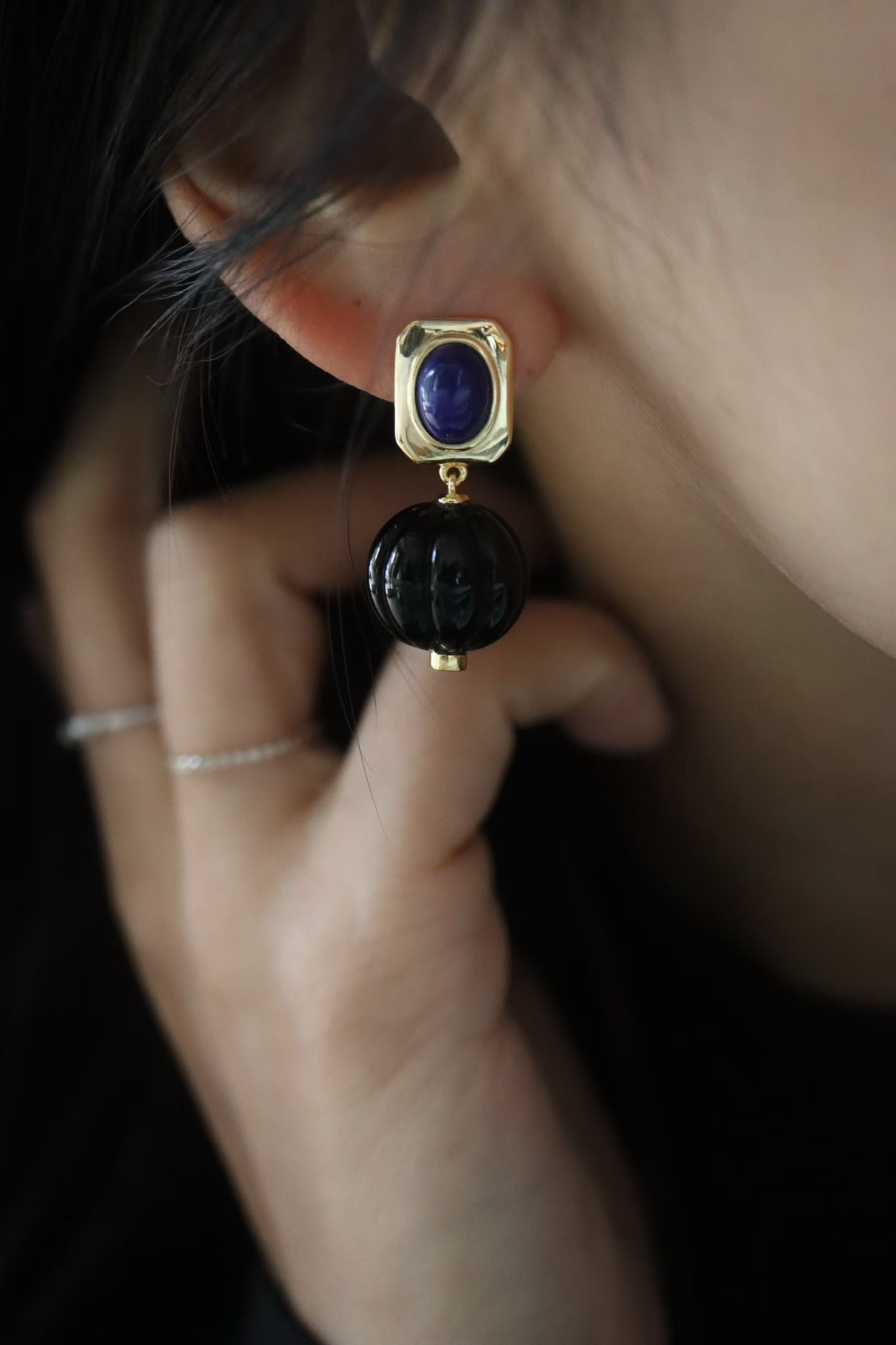 Silver Lapis Lazuli and Onyx Bead Earrings - 5