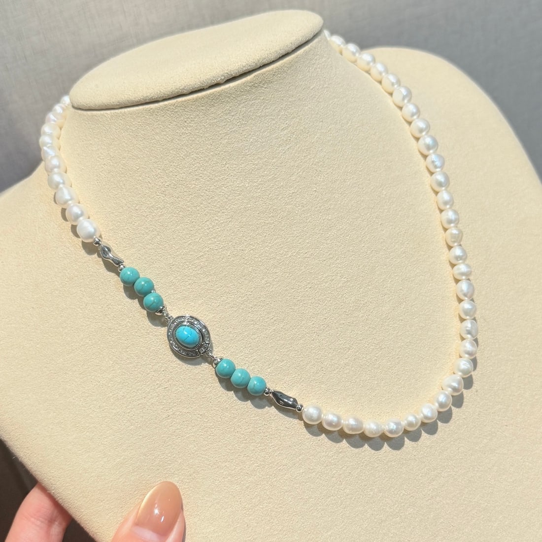 Turquoise Freshwater Pearl Set: Title: Turquoise Freshwater Pearl Set Description: This necklace is a testament to versatile elegance, offering a fresh design that seamlessly transforms from bracelet to necklace to sweater chain.