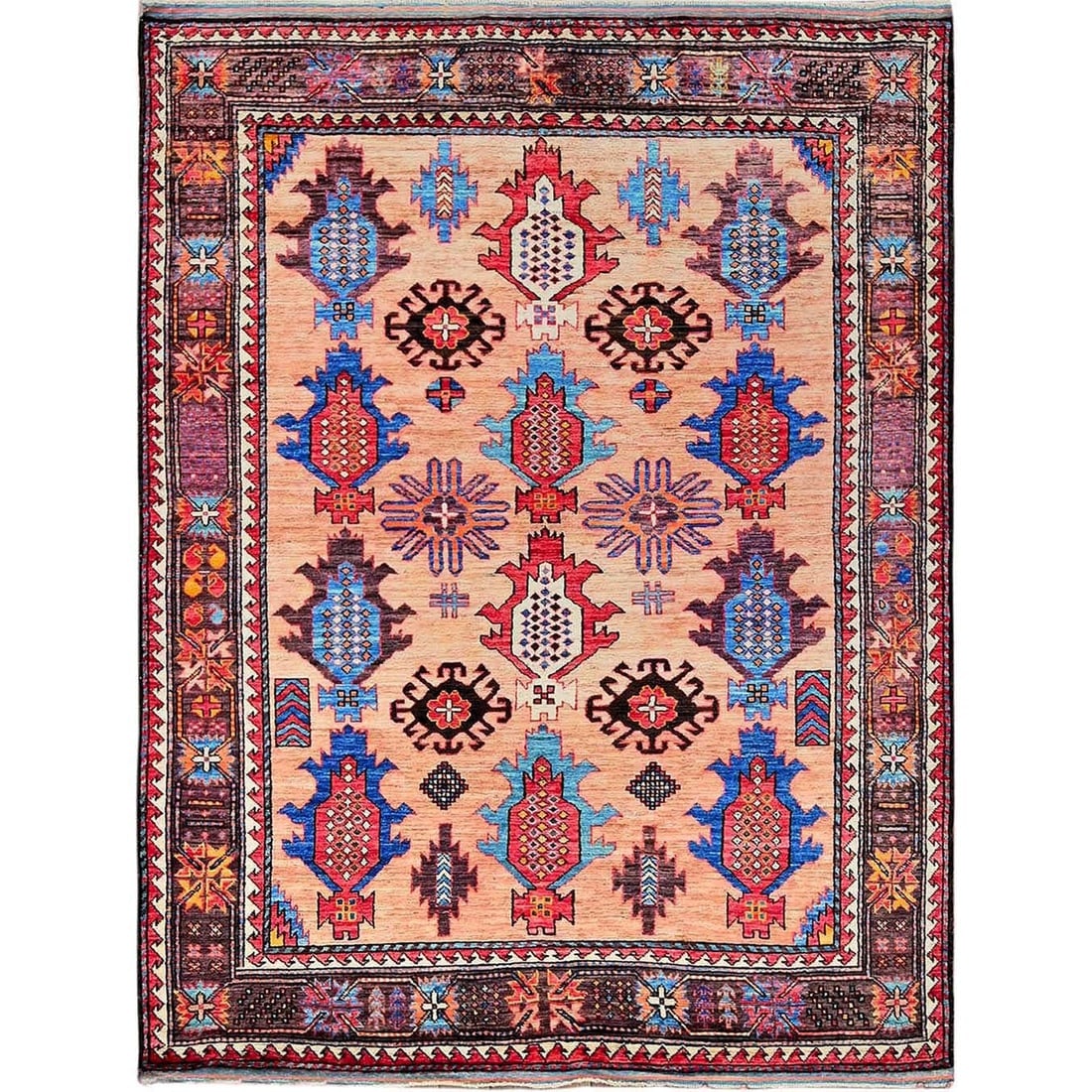 Peach Afghan Ersari Caucasian Design Revival Hand Knotted All Wool Rug: Title: Peach Afghan Ersari Caucasian Design Revival Hand Knotted All Wool RugDescription:This is a truly genuine one-of-a-kind. It has been Knotted for months and months in the centuries-old weaving
