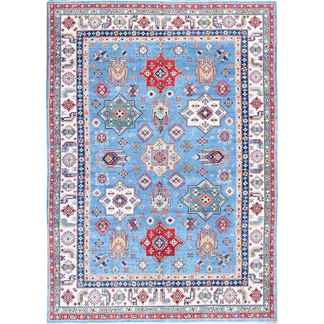 Blue Kazak with Star Medallions Design Hand Knotted Wool Oriental Rug: Title: Blue Kazak with Star Medallions Design Hand Knotted Wool Oriental Rug Description:This is a truly genuine one-of-a-kind. It has been Knotted for months and months in the centuries-old weaving c