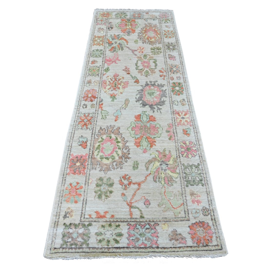 Gray Afghan Angora Oushak Leaf Design Hand Knotted All Wool Runner Rug: Title: Gray Afghan Angora Oushak Leaf Design Hand Knotted All Wool Runner Rug Description:This is a truly genuine one-of-a-kind. It has been Knotted for months and months in the centuries-old weaving 