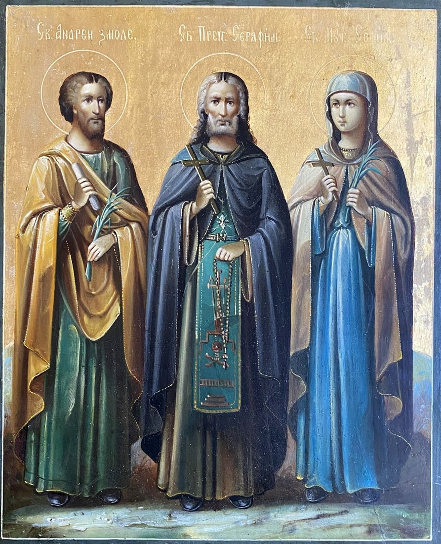 Icon Andrew, Seraphim, Sophia: Title: Icon Andrew, Seraphim, Sophia Description: Icon 30 *** ABOUT THIS ICON *** * TITLE: "Icon Andrew, Seraphim, Sophia" * SIZE: 27x22 cm/'10.62x7.87 inches' * MEDIUM: wood * HAND PAINTED: Original