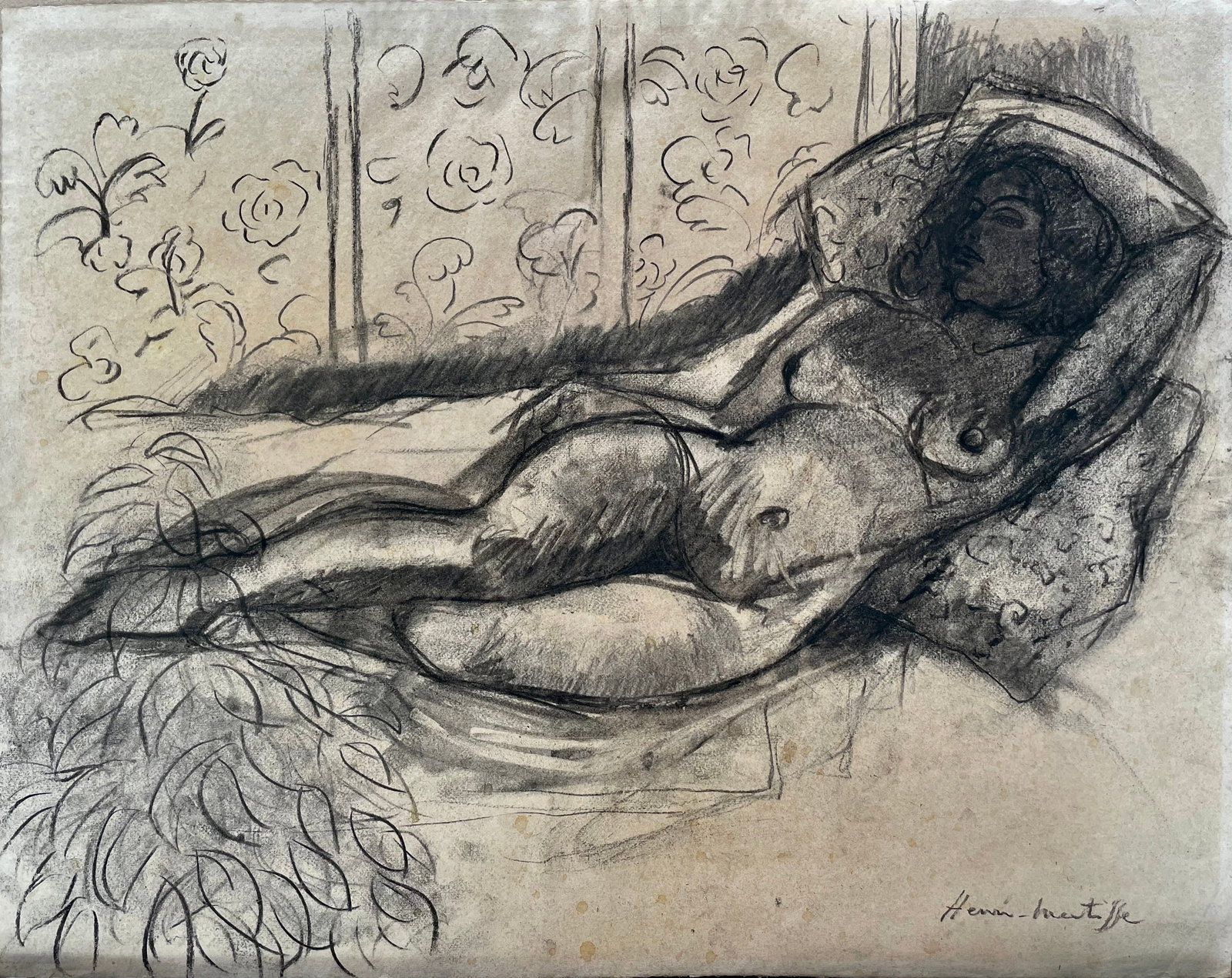 Henri MATISSE: Title:Henri MATISSEDescription:Figure lady on a sofa. no docs or COA found so far. From a French collection. No frame. Will sell as is. Public domain.Date:Not datedSize:22.8 X 18in. (58 X