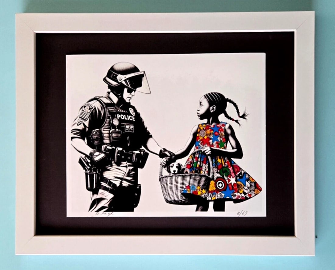 AIDAN FLUX Hand Signed Authentic LtdED Print Framed Banksy Police and Girl COA: AIDAN FLUX. From his Series " Universal Icons" The artist has created a stunning piece of art that features a powerful message about women's empowerment. The print is 10x8in., measuring framed 14