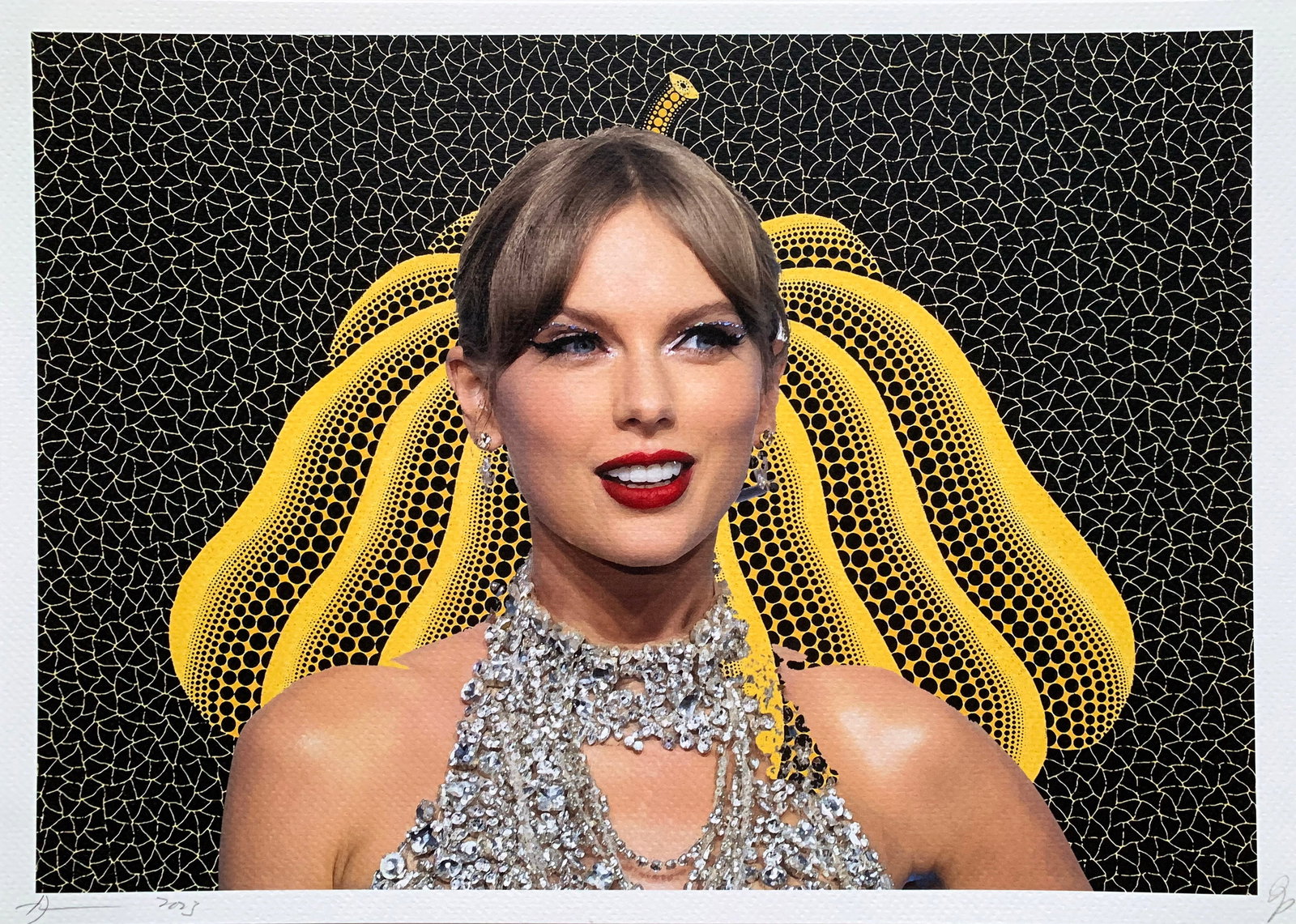 Death NYC Taylor Swift Kusama: Title: Death NYC Taylor Swift KusamaDate/Period:21st CenturyMaterials:Giclee on Fine art 300 gsm paperSize:17 3/4 x 12 1/2 inchesDescription:Artist: Death NYC, limited edition giclee on paper, out of