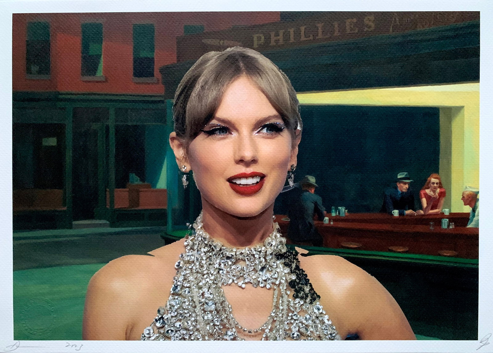 Death NYC Edward Hopper Taylor Swift: Title: Death NYC Edward Hopper Taylor SwiftDate/Period:21st CenturyMaterials:Giclee on Fine art 300 gsm paperSize:17 3/4 x 12 1/2 inchesDescription:Artist: Death NYC, limited edition giclee on paper,