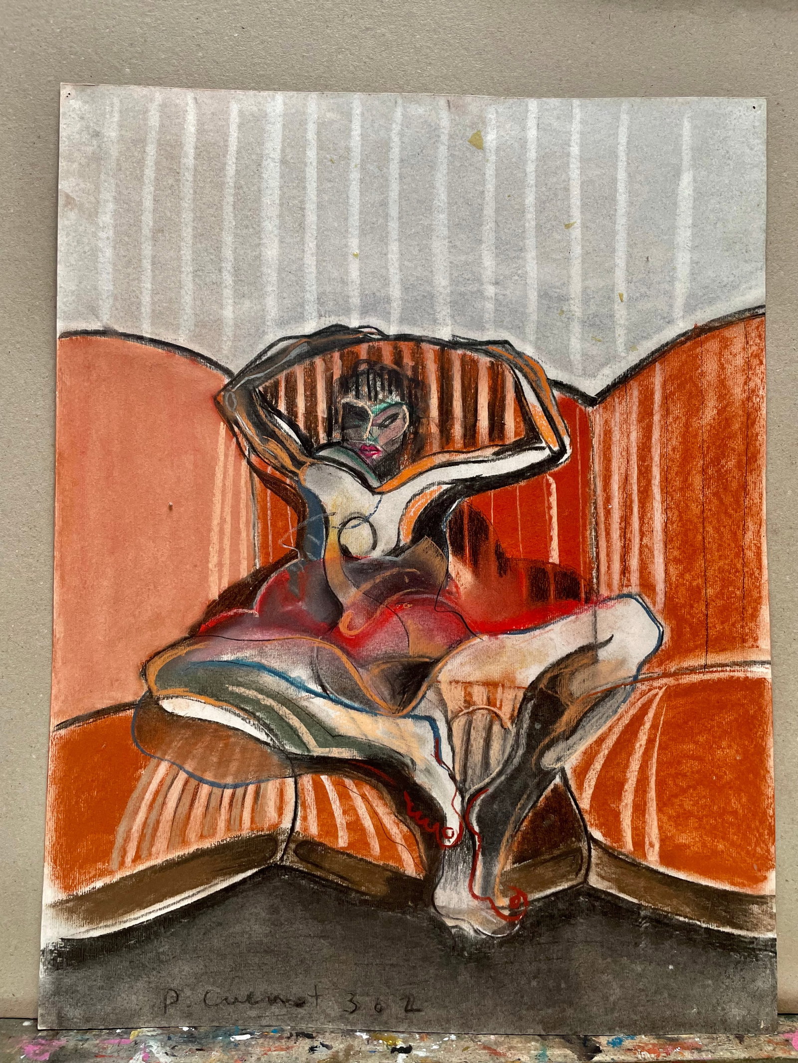Patrick CUENOT: Title:Patrick CUENOTDescription:Girl sitting in a striped sofa from school of london artist. comes with COA No frameDate:37316Size:19.6 x 25.6in. (50 X 65cm.)Medium:Pastel on paper Reserve: $900.00