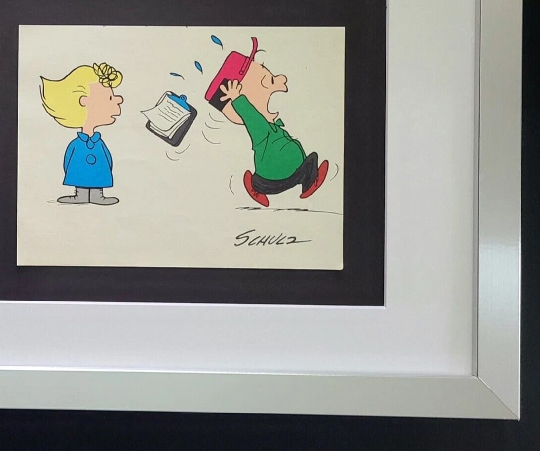 1968 Peanuts Christmas Snoopy Art Signed Schulz in New Silver Frame - 3