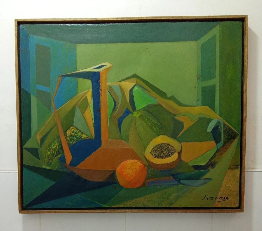 Attributed to Original Cubism 1970s By LUIS LIZARES - OIL CANVAS "Still life" / Unique: Attributed to ORIGINAL Oil Canvas Painting by Master LUIS LIZARES - Signed: Lizares; Property to collector - Lima -PERU * Measures: 21 x 25 inches / Painting 23 x 27 inches - Frame ( Dimensions) 