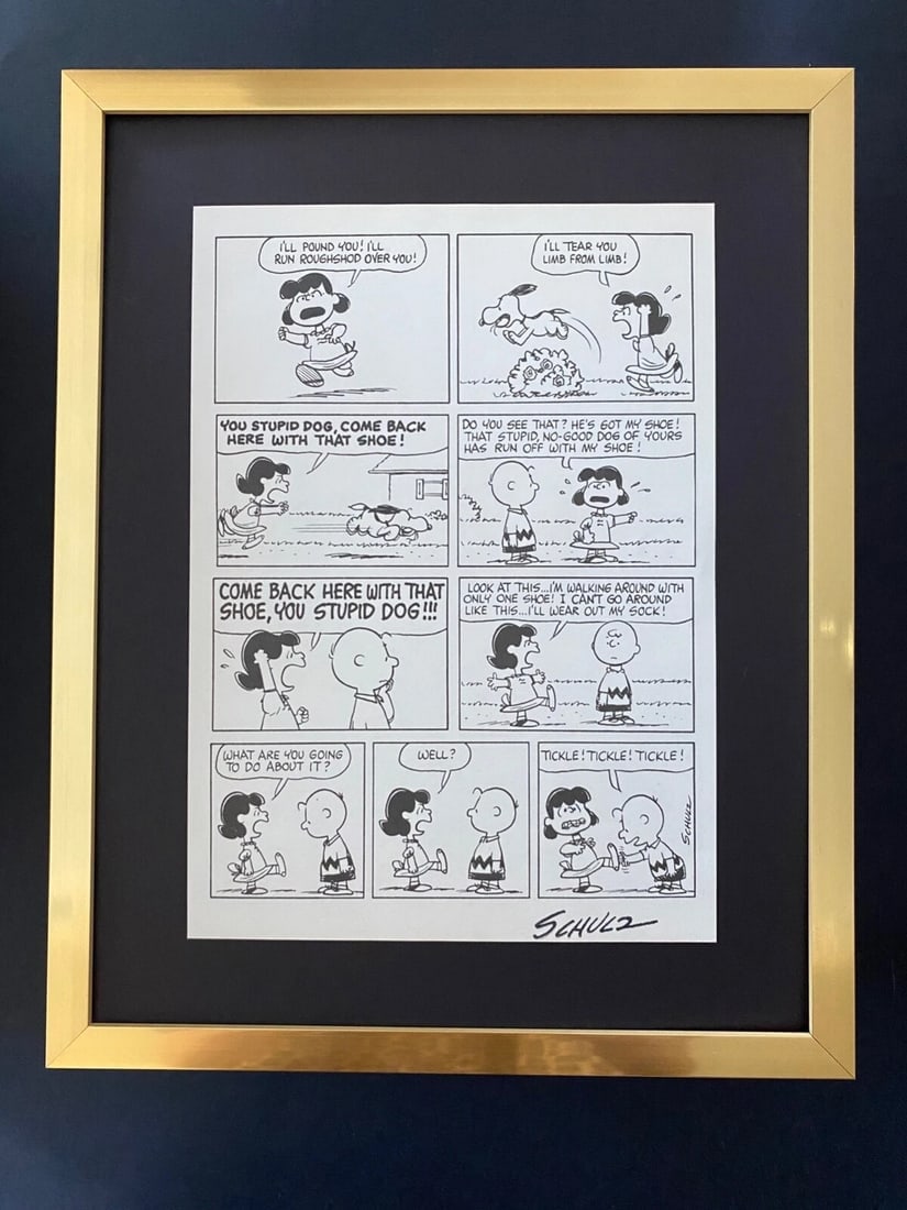 Vintage Snoopy Cartoon 1968 Signed Charles Schulz Framed Print Ready to Hang: WE HAVE FOR SALE TODAY THIS BEAUTIFUL VINTAGE 1968 OFFSET LITHOGRAPH AFTER CHARLES M. SCHULTZ " PEANUTS CARTOON " FACSIMILE SIGNED IN INK ART PRINT IS ABOUT 11.2 X 8.4IN THIS ART PRINT IS MOUNTED ON A