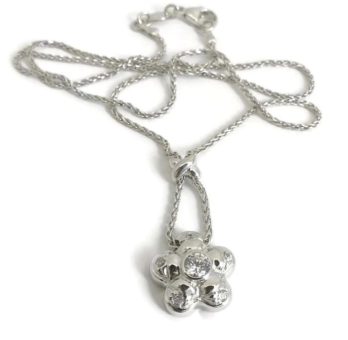 Italian Flower CZ Cubic Zirconia Pendant Necklace 14K White Gold 7.89 Gr (1 of 12)