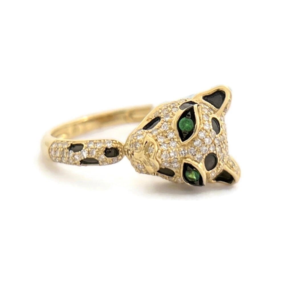 Pave Diamond Green-Eyed Leopard Panther Statement Ring 14K Yellow Gold .52 CTW (1 of 7)