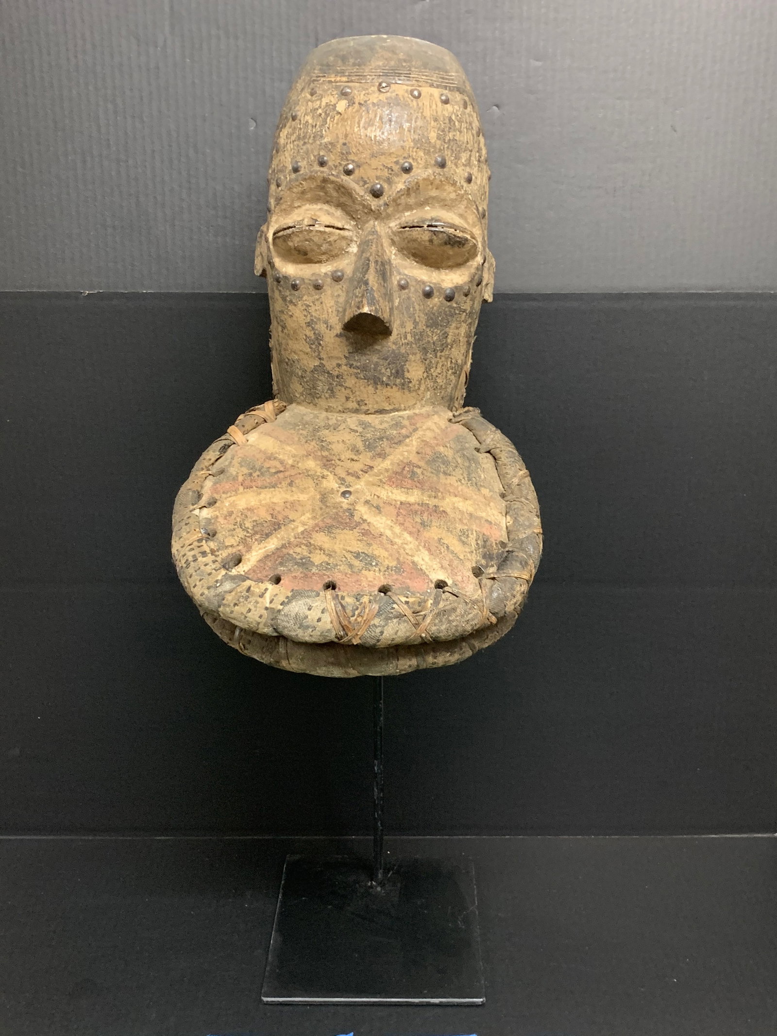 Carved Wood Large Dan Bete Mask with Display Stand: Title: Carved Wood Large Dan Bete Mask with Display Stand Description: African Tribal Art Carved Wood Dan Bete Mask with Display S Date/Period: Late 20th Century Materials: Wood Size: 33" h x 11" w