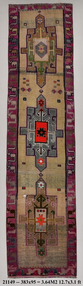 3'1'' x 12'6'' Handmade Vintage Wool Patchwork Rug - 21149 (1 of 20)