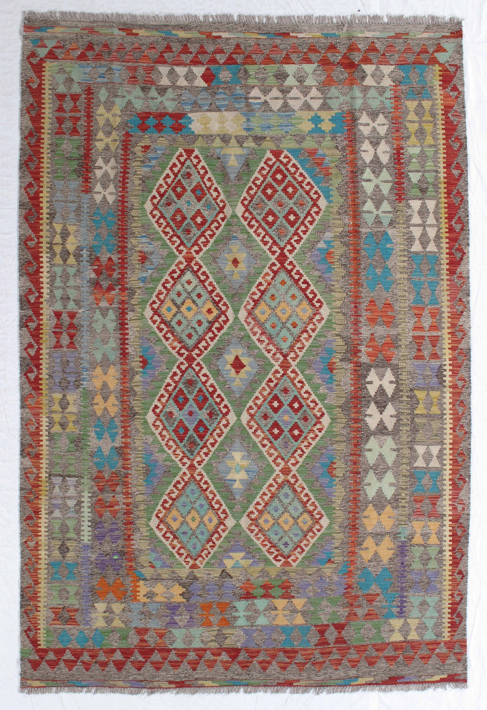 Kelim 6.7x9.8: Title:Kelim 6.7x9.8 Origin:Afghanistan Year:New Materials:wool Size:6.7x9.8 Description:Kelim Reserve: $390.00 Shipping: Domestic: Flat-rate of $80.00 to anywhere within the contiguous U.S.