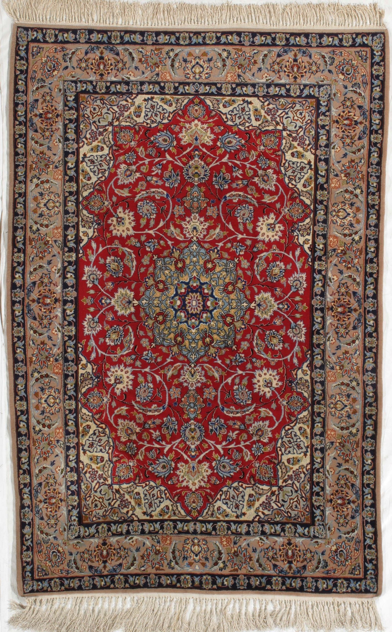 Esfahan 3.7x5.4: Title:Esfahan 3.7x5.4 Origin:Iran Year:1990 Materials:wool/silk Size:3.7x5.4 Description:Esfahan Reserve: $2,000.00 Shipping: Domestic: Flat-rate of $60.00 to anywhere within the contiguous
