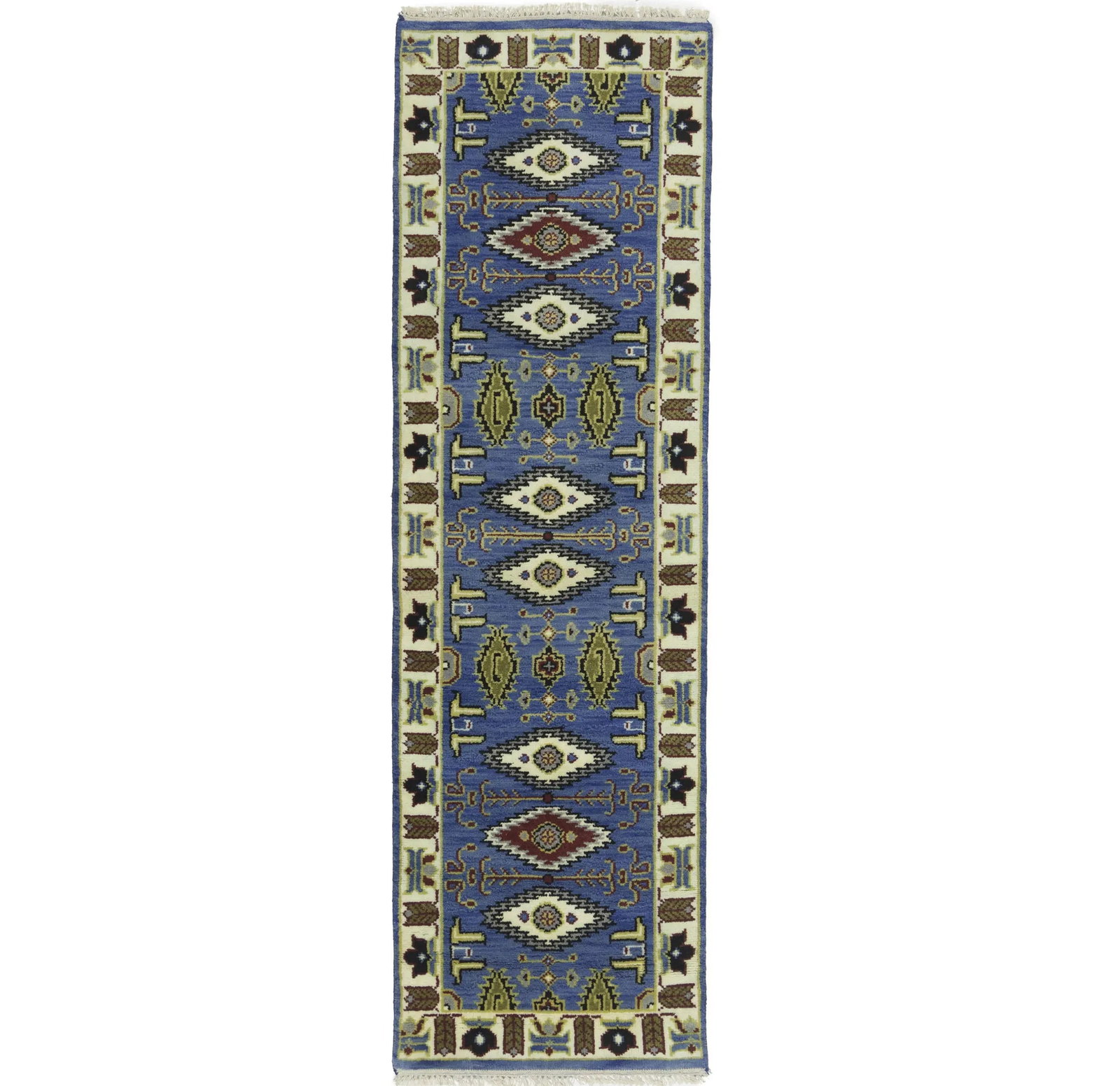 Blue Geometric 3X8 Kazak Oriental Runner Rug: Title: Blue Geometric 3X8 Kazak Oriental Runner Rug Description:Handmade 3X8 blue oriental runner made with vegetable dyes (fine wool pile and cotton foundation), superior knot count, and appealing