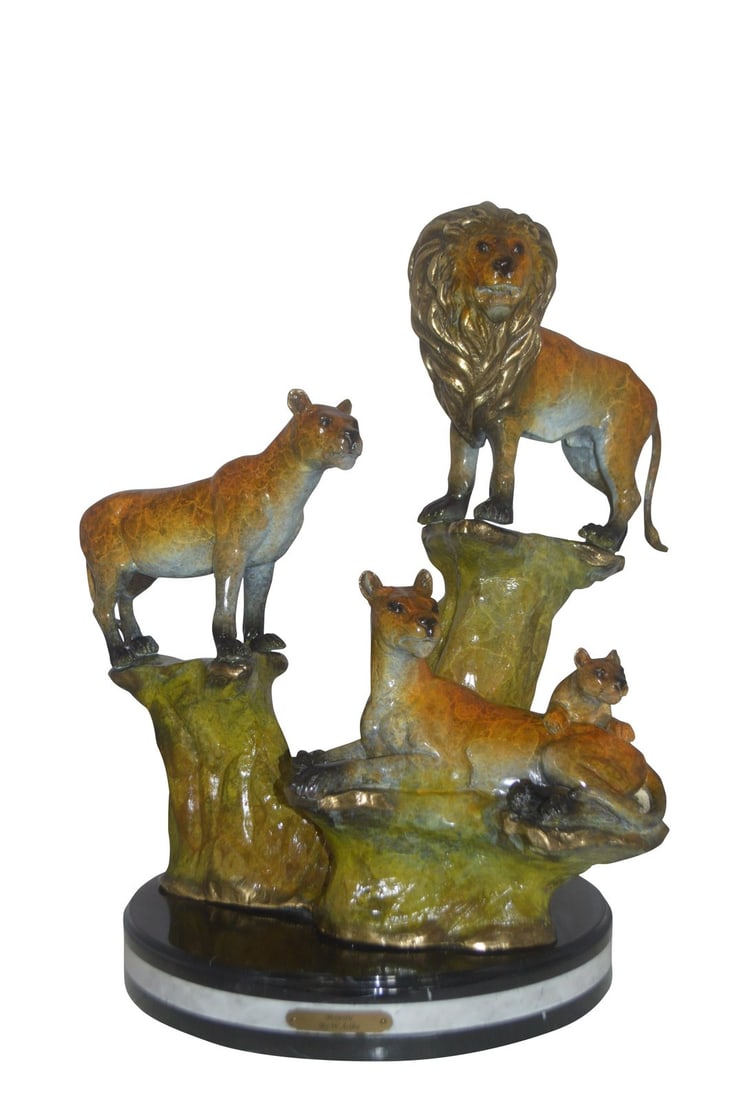 Family of Lions Bronze Statue - Lion King - Size: 21"L x 22"W x 28"H.: Title:Family of Lions Bronze Statue - Lion King - Size: 21"L x 22"W x 28"H. Description:This impressive bronze statue mounted on marble features the majestic lions standing on top of the rock with