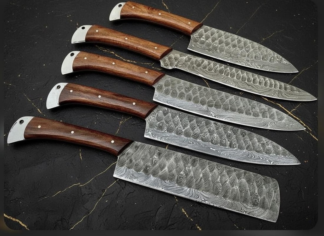 Hand Forged 5-Piece Damascus Steel Kitchen Knife Set with Twist Pattern Blades: Title:Hand Forged 5-Piece Damascus Steel Kitchen Knife Set with Twist Pattern Blades Description:This custom made, hand forged Damascus steel chef knife set includes five robust kitchen knives,