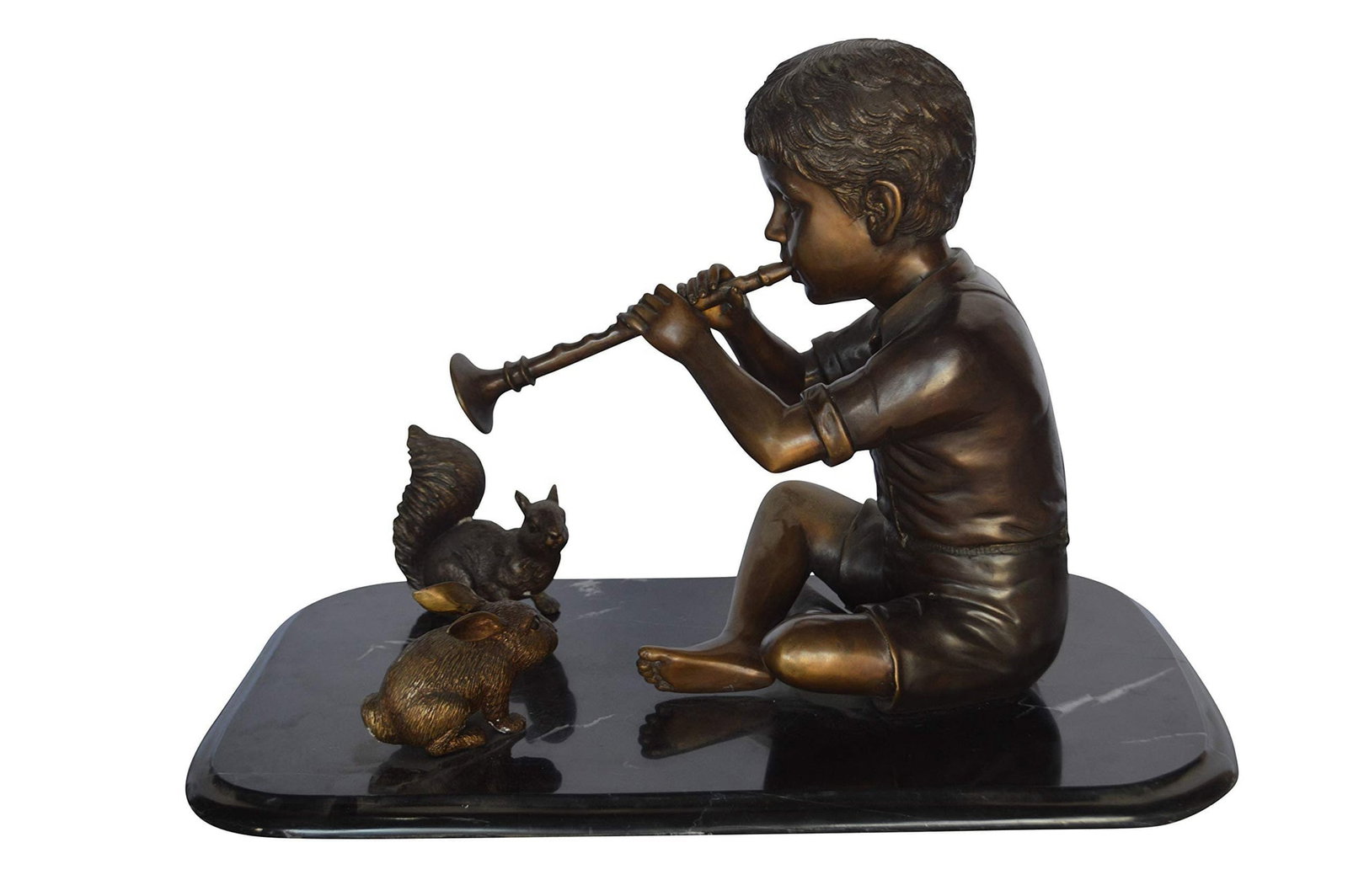 Boy With Rabbit And Squirrel Bronze Statue - Size: 22"L x 13"W x 16"H.: Title:Boy With Rabbit And Squirrel Bronze Statue - Size: 22"L x 13"W x 16"H. Description:Here is a magnificent impressive bronze statue mounted on a marble base of a boy playing the clarinet while