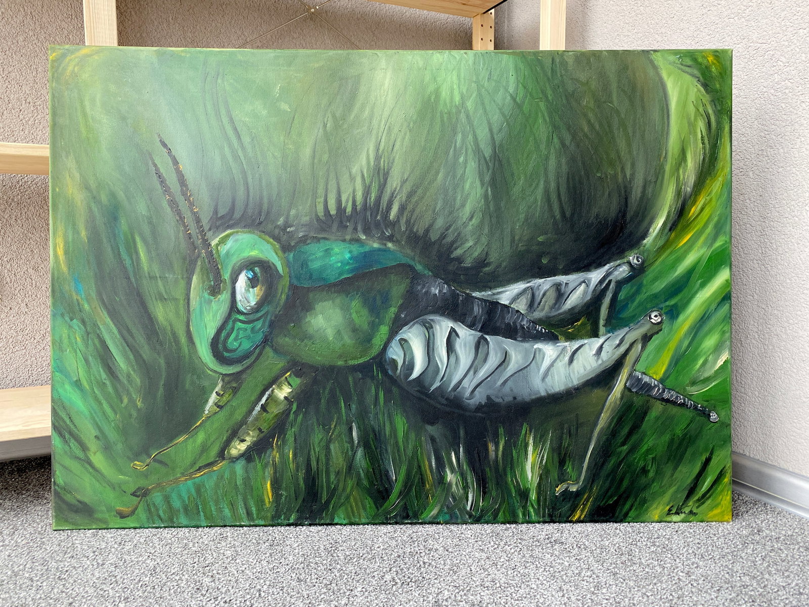 Acrylic painting of a Grasshopper: Title: Acrylic painting of a Grasshopper Maker:Unknown Origin: Unknown Date/Period:Unknown Materials:Canvas, Acrylic paint Size:Size: 100 x 70 cm Description:Acrylic painting of a GrasshopperSize: