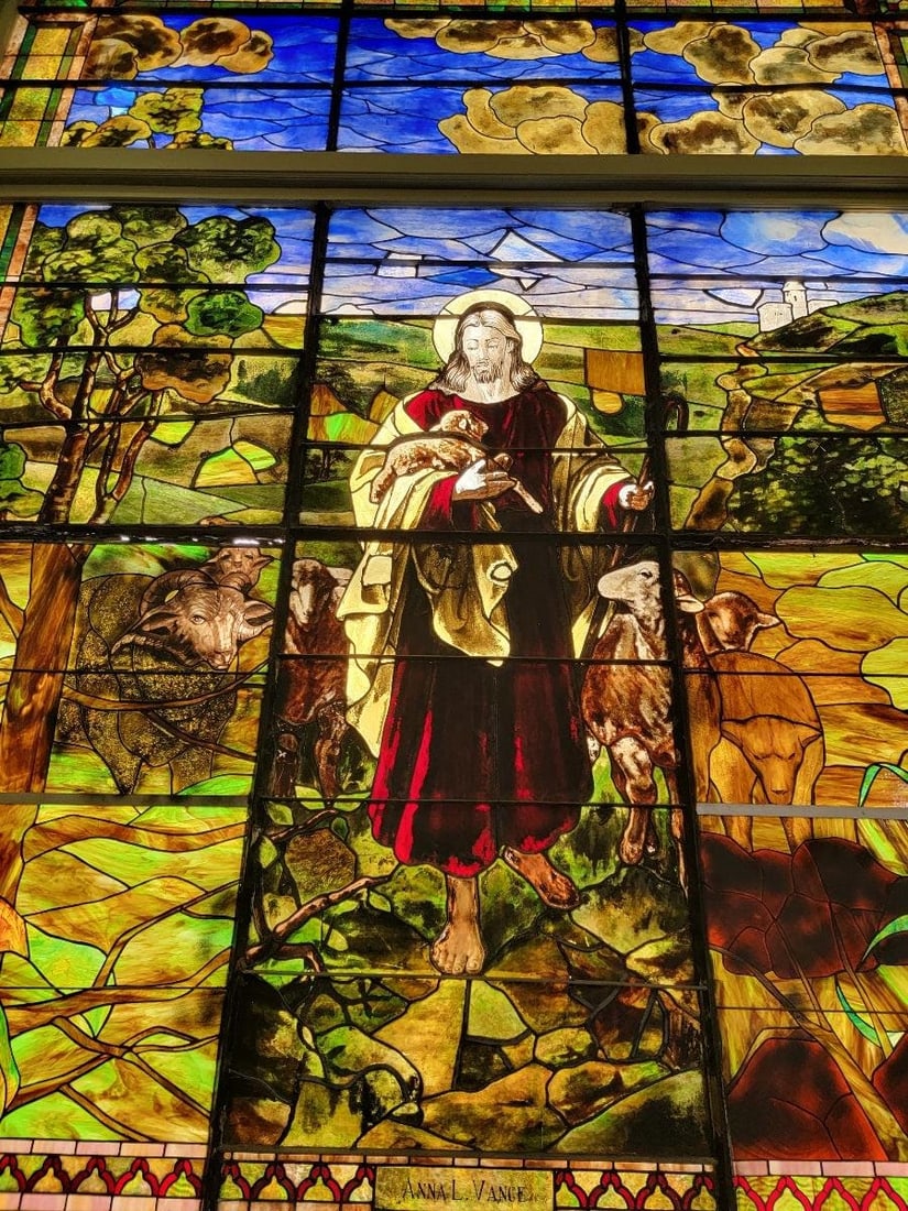 Antique Monumental Tiffany Style Good Sheppard Salvaged Stained Glass Window - 3