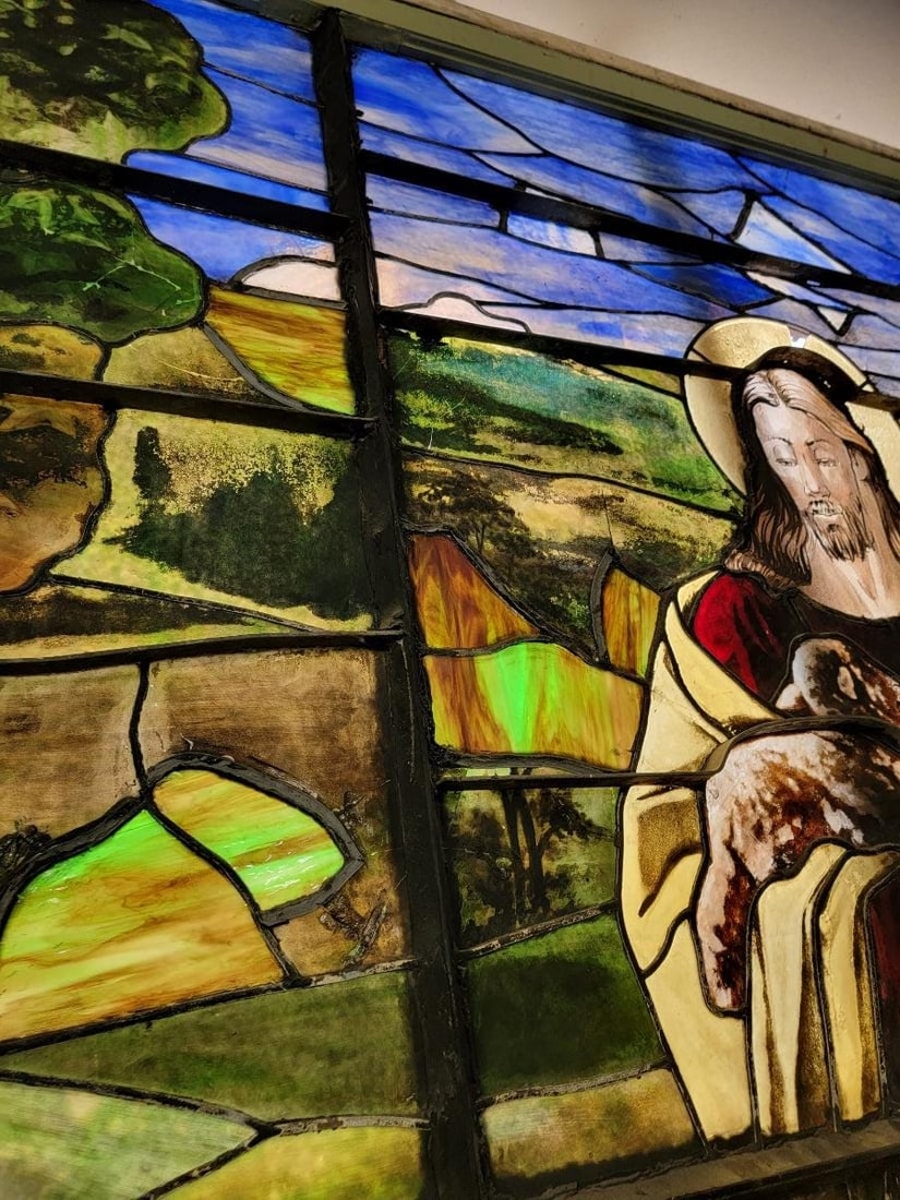 Antique Monumental Tiffany Style Good Sheppard Salvaged Stained Glass Window - 6