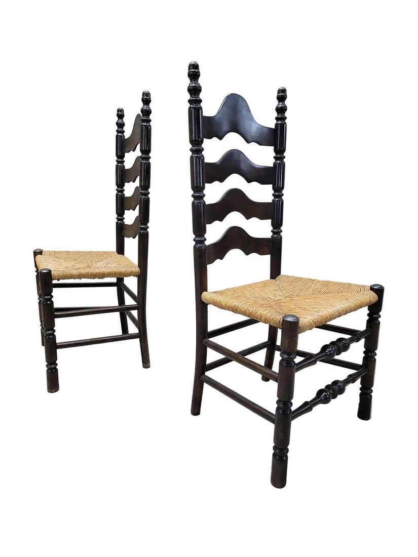 Vintage French Country Style Ladder Back Side Chairs - Pair - 2