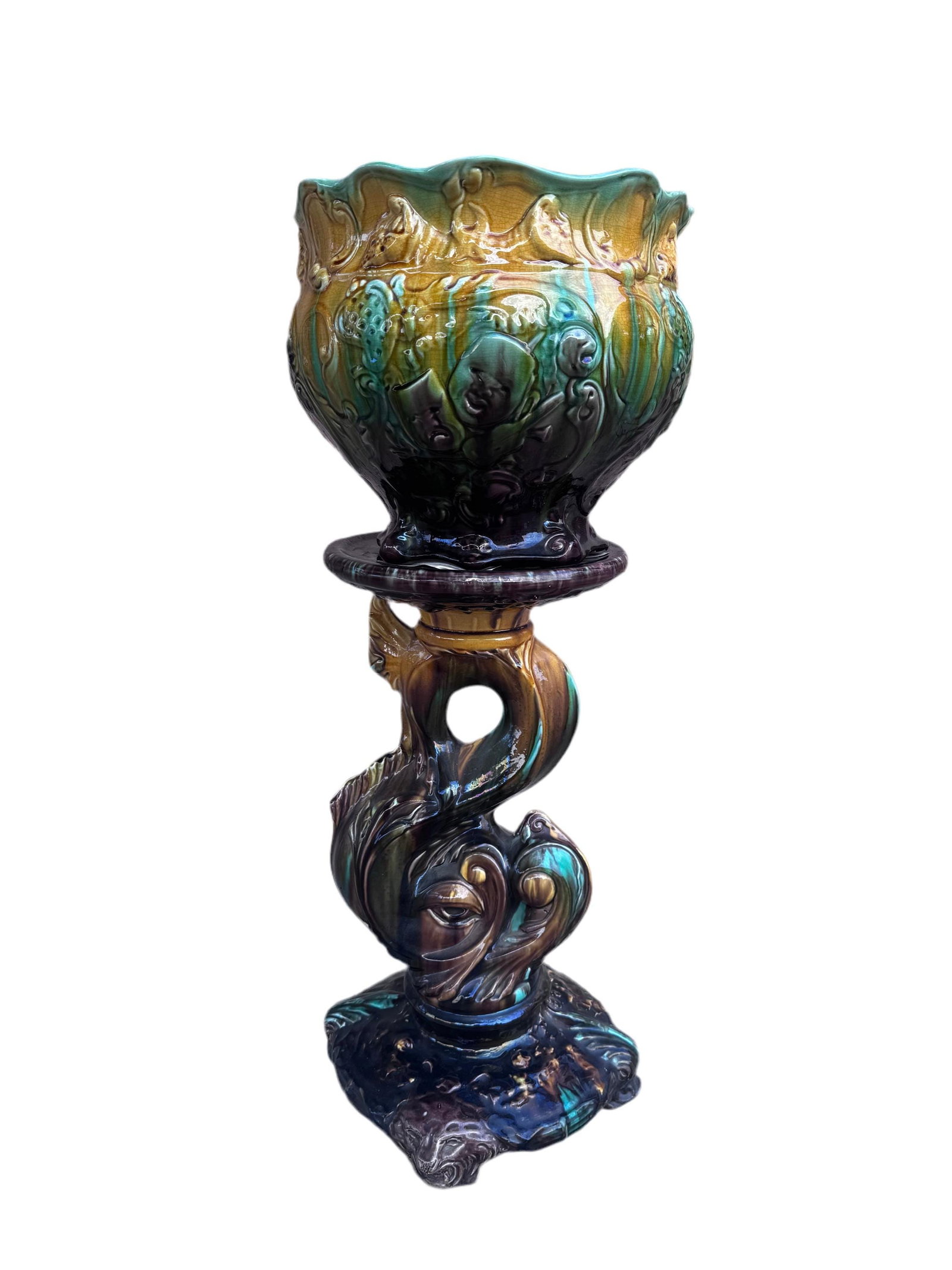 Vintage Weller Majolica Pottery Jardiniere & Pedestal Set - 5