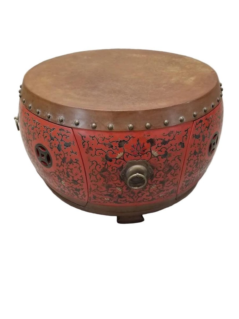 Vintage Asian Style Red Coromandel Drum Coffee/Side Table - 10