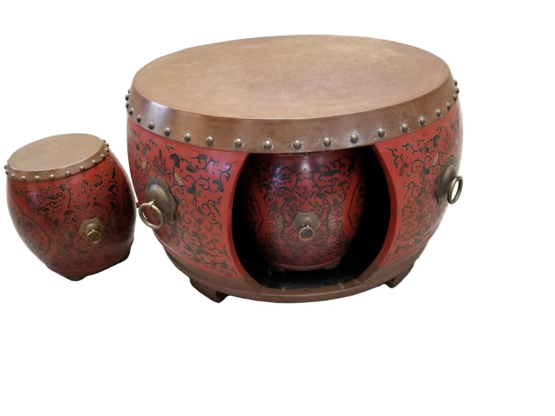 Vintage Asian Style Red Coromandel Drum Coffee/Side Table - 7