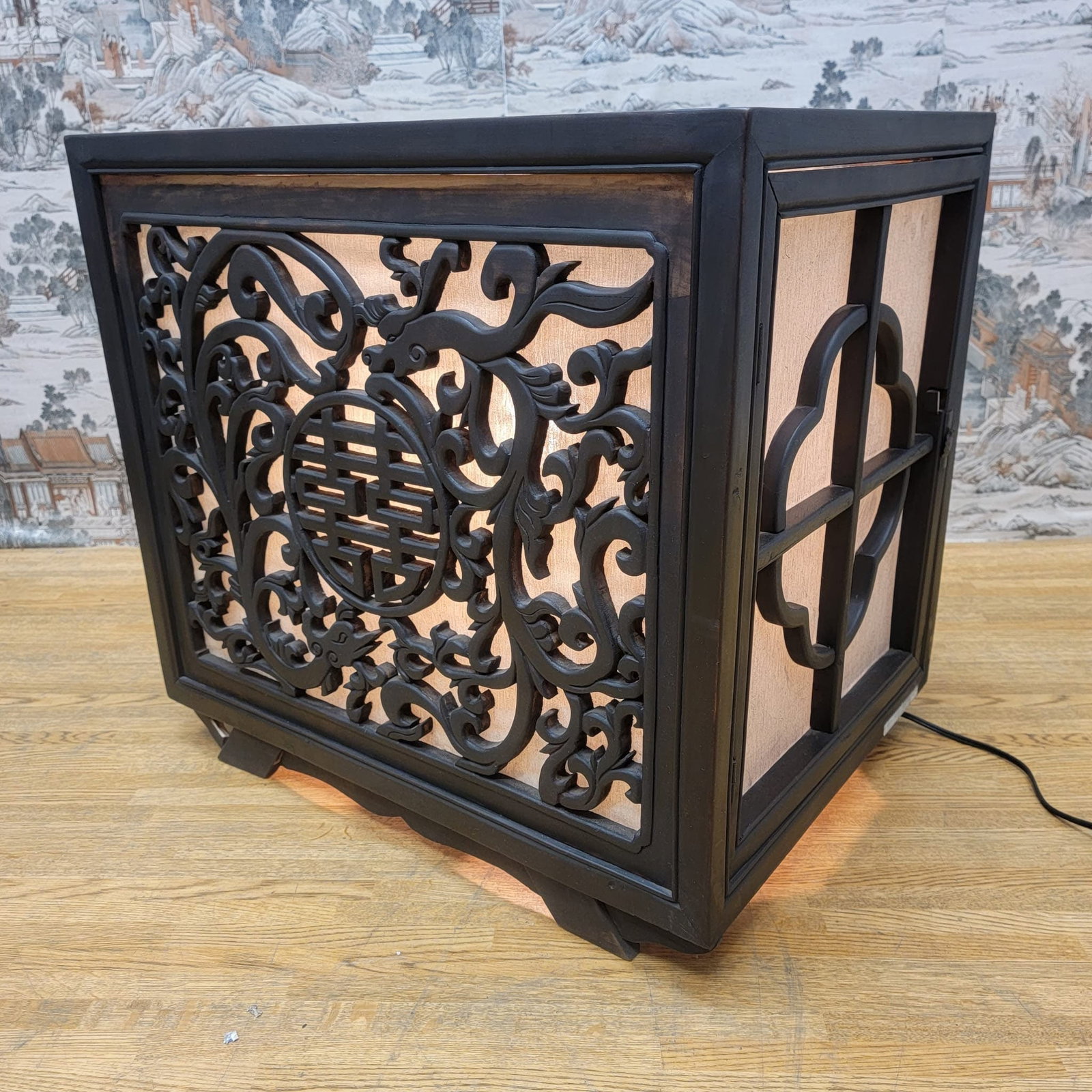 Vintage Chinese Carved Elm Side Tables with Light - Pair - 3