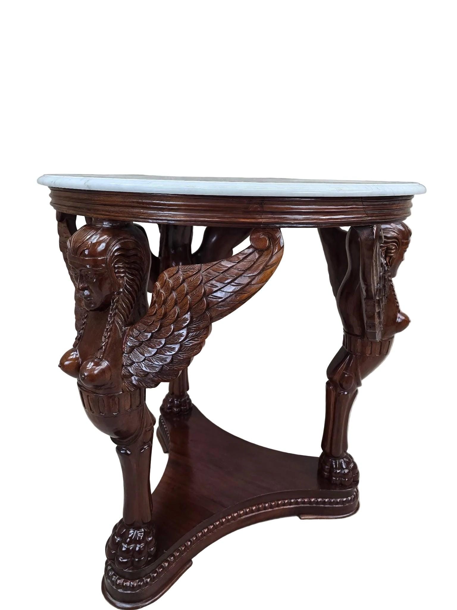 Vintage Indonesian Neoclassical Style Winged Caryatid Marble Top Center Table - 3