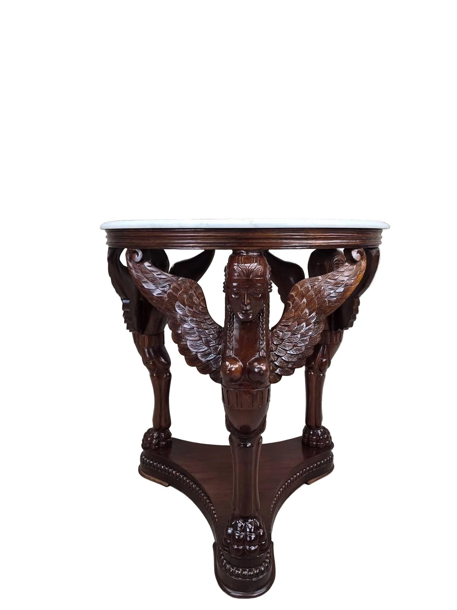 Vintage Indonesian Neoclassical Style Winged Caryatid Marble Top Center Table - 6