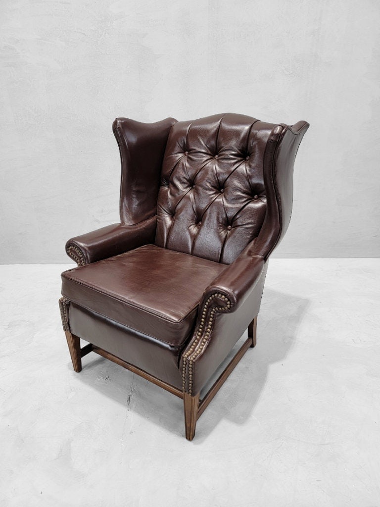 Vintage English Chesterfield Style Wingback Chair Newly Upholstered in Leather - 2