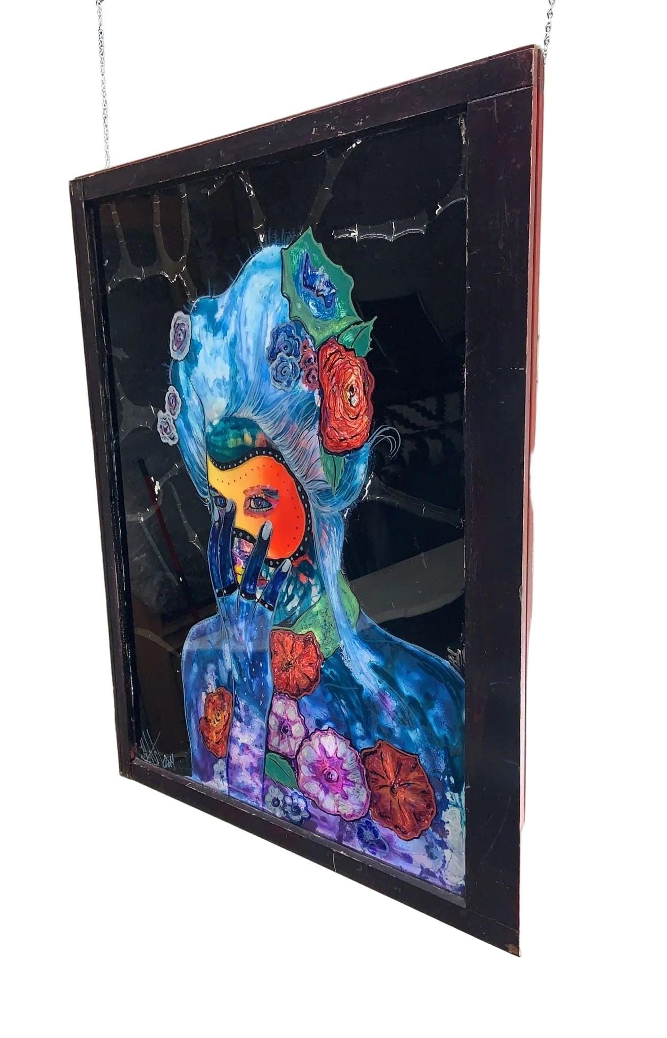 Vintage Reverse Painted Glass Hanging Wall Art - 2