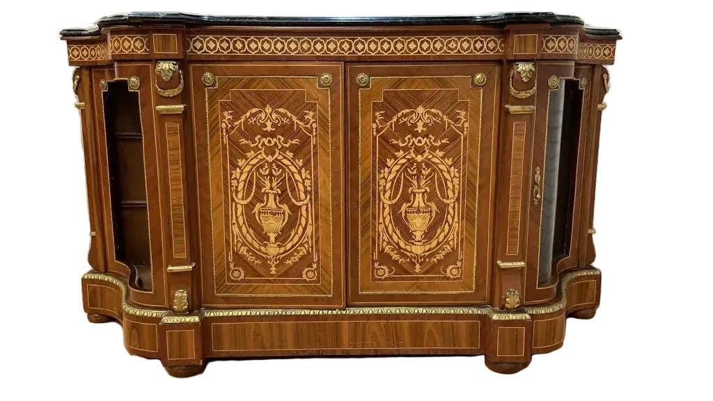 Vintage French Louis XVI Style Inlaid Serpentine Marble Top Credenza - 2