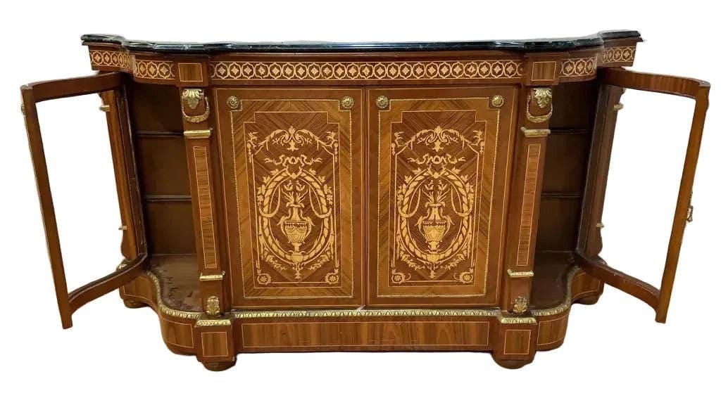 Vintage French Louis XVI Style Inlaid Serpentine Marble Top Credenza - 5
