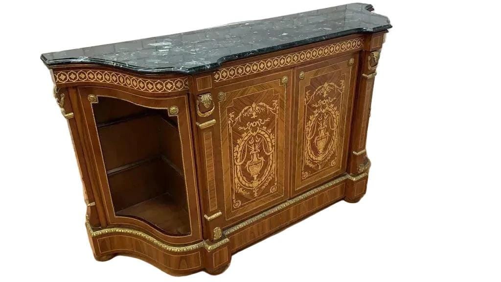 Vintage French Louis XVI Style Inlaid Serpentine Marble Top Credenza - 7