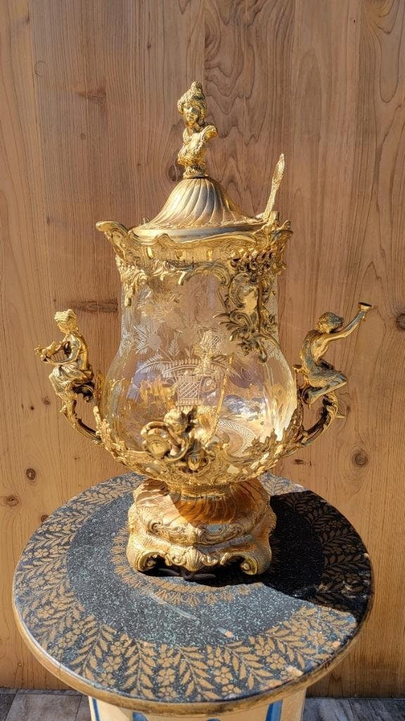 Antique French Gilt Bronze Ormolu Mounted Crystal Punch Bowl and Ladle - 6