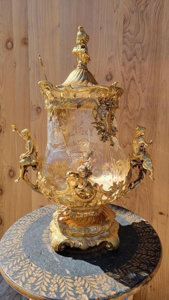 Antique French Gilt Bronze Ormolu Mounted Crystal Punch Bowl and Ladle - 7