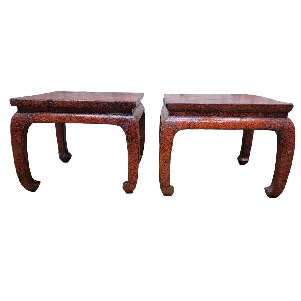 Antique Shanxi Province Red Lacquer Elm Side Tables - Pair - 6